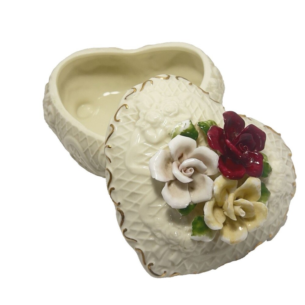 Large White Ceramic Heart Rose Trinket Dish with Lid Candy Keepsake Treasures